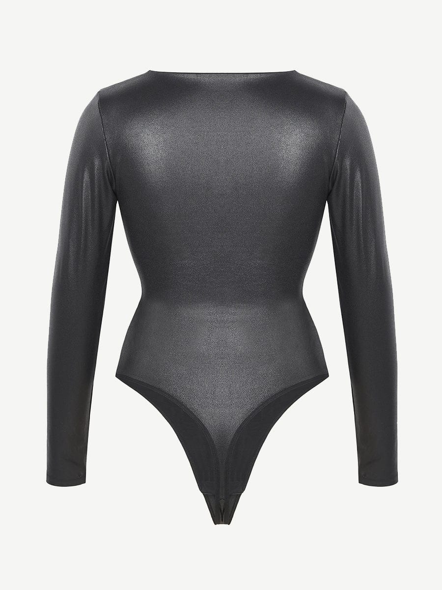 Wholesale High Elastic Faux Leather Deep V-neck Abdomen Tightening Bodysuit